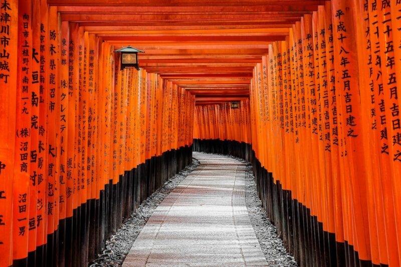 Red Torii gates in Fushimi Inari shrine in Kyoto Japan